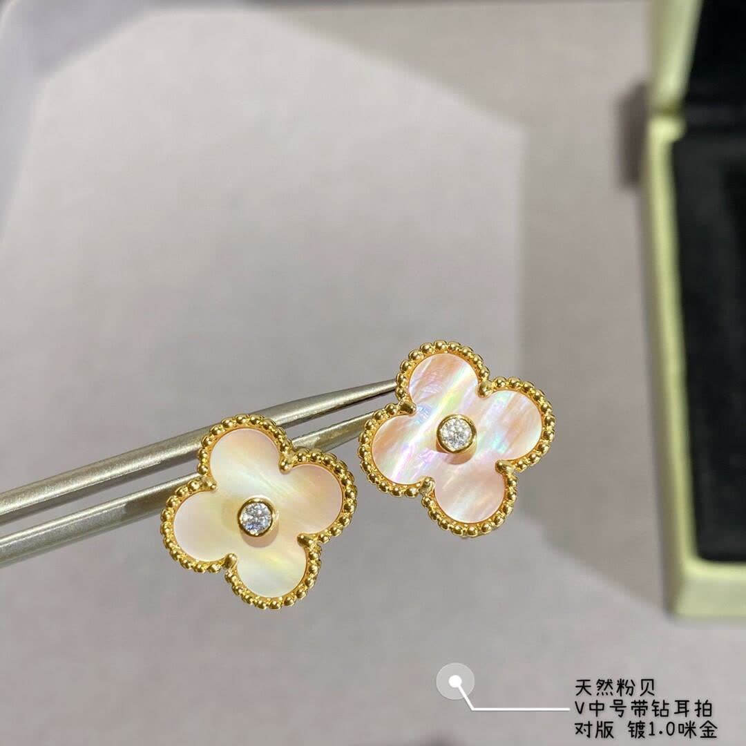 Van Cleef & Arpels Alhambra Earrings with Pink Opal and Diamond